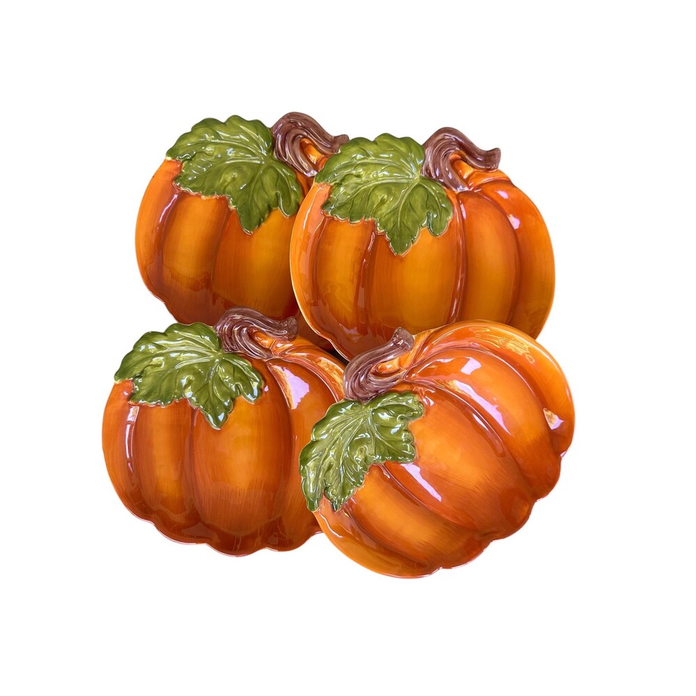 Retired Pier 1 Imports Hand Painted Dolomite Pumpkin Plates 8.5" Fall Harvest x4